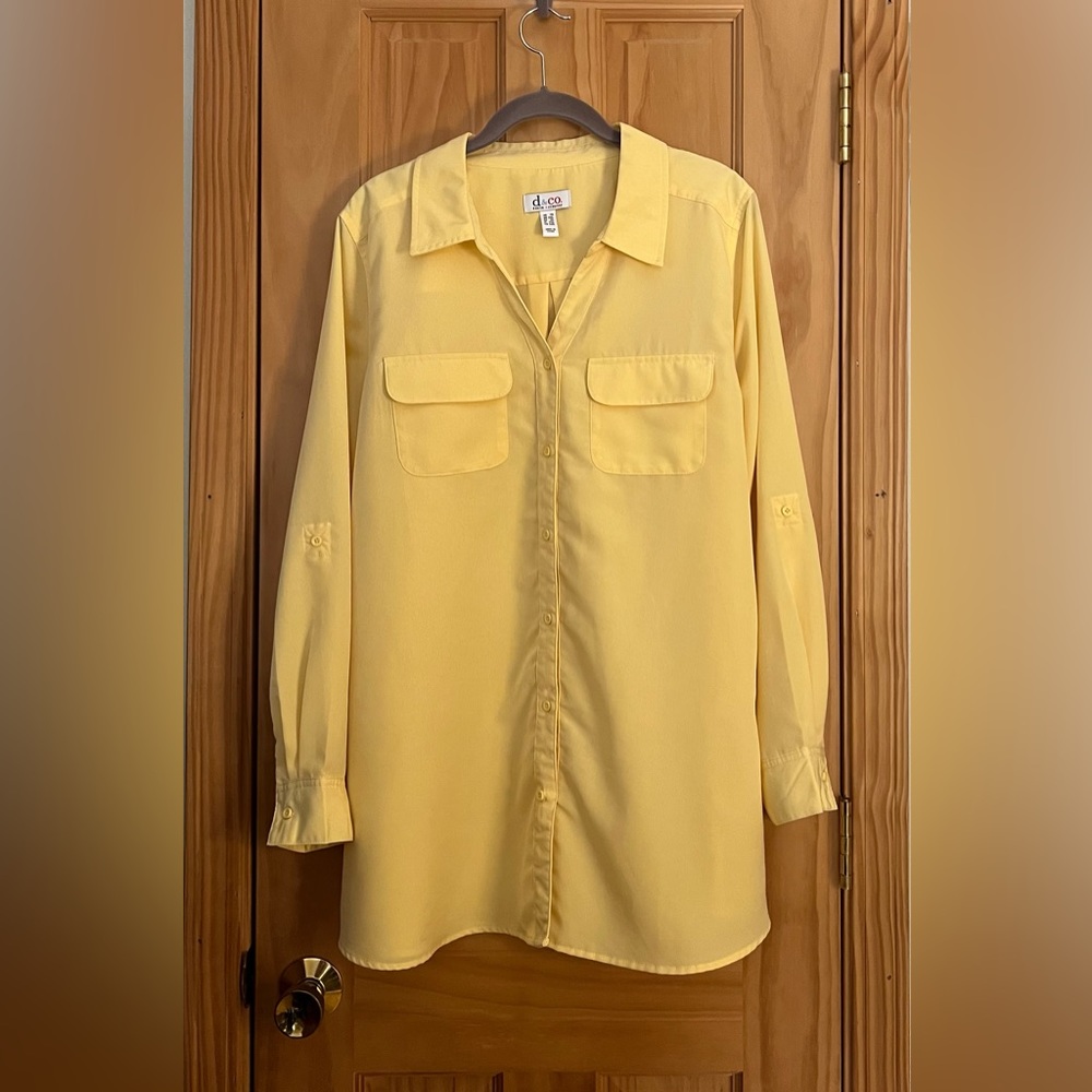 Denim & Co Roll Tab Sleeve Button Front Soft Utility Tunic 1X Sunlight Yellow